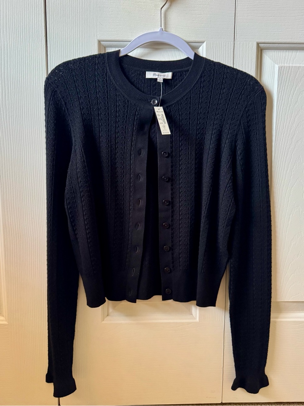 NWT Size M Madewell The Signature Open-Knit Cardigan Black with Ruffle Cuff
